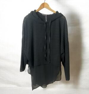 Zara Black Goth Crinkle Plisse Sheer Longline Layered Hooded Blouse Size Medium